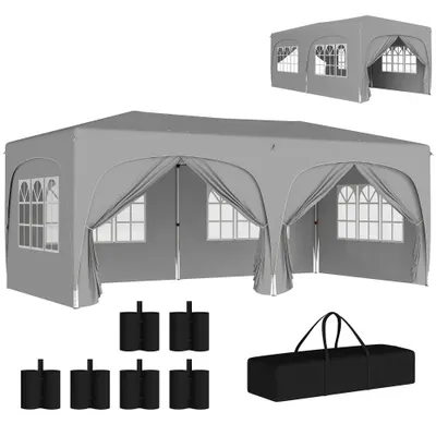 Outsunny Tonelă pliabilă 3 x 6 m Pop-Up, UPF50+ Înălțime reglabilă, cu sac de transport și saci de nisip, gri deschis | Aosom Romania