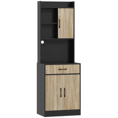 HOMCOM Dulap de bucătărie cu blat de lucru și orificiu pentru cablu, comodă modernă pentru bucătărie cu sertar, 3 rafturi deschise, lemn natural, Negru | Aosom Romania