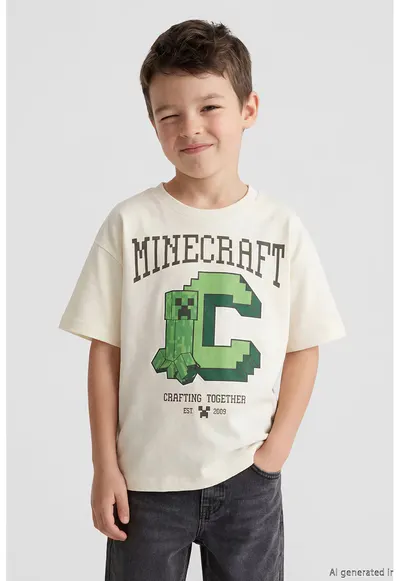 Tricou de bumbac cu Minecraft - Verde/Bej deschis