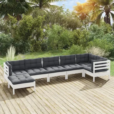 Gossi set mobilier de gradina cu perne, 7 piese, alb, lemn masiv pin
