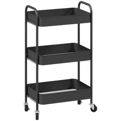 HOMCOM Cărucior multifuncțional mobil pentru bucătărie, 3 rafturi, 4 roți, 45 cm x 30,6 cm x 79 cm, Negru | Aosom Romania