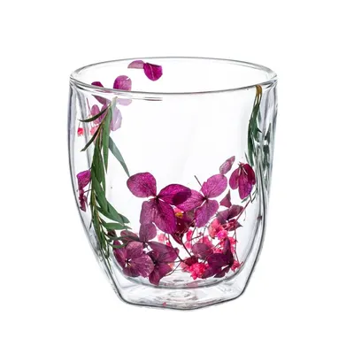 Pahar cu inserție de flori uscate mov, roz și verde, hortensie, pereți dubli, sticlă borosilicată, 250 ml, Aurora Bloom