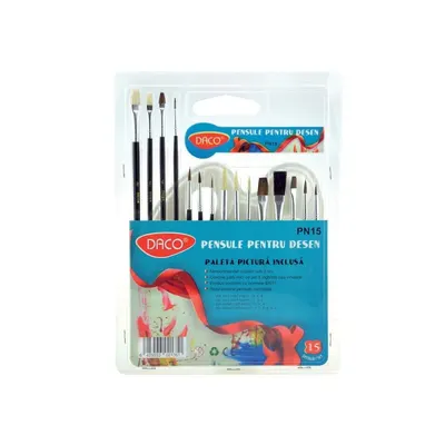 Pensula par sintetic 15buc/set, varf rotund si drept, paleta inclusa, Daco