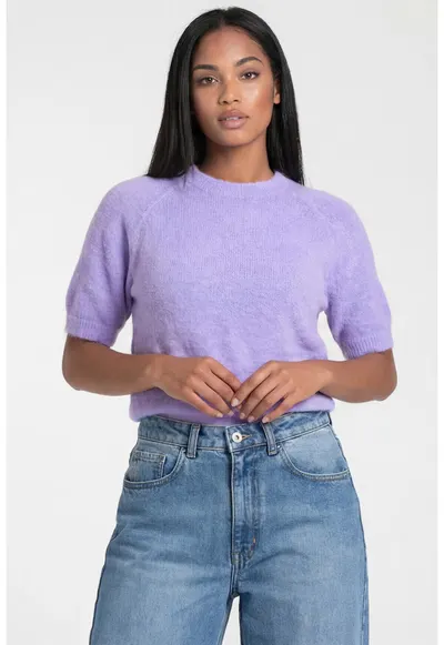 Pulover de dama M1320 - violet - croiala clasica regular - decolteu rotund - maneca scurta