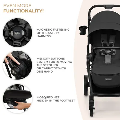 Carucior pentru copii 3 in 1 Kinderkraft Yoxi Moonlight Grey 0-22 kg, cadru din aluminiu, accesorii incluse