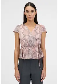 Bluza satinata petrecuta cu maneci scurte si terminatie cu volan - Negru stins/Roz prafuit