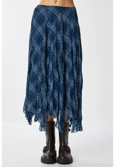 Fusta midi asimetrica Happiness Istanbul - talie inalta - cu fermoar - textil - albastru