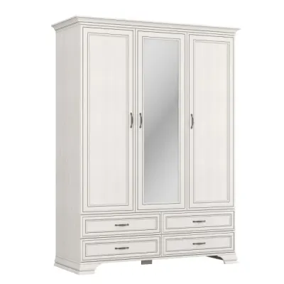 Dulap 3 usi si 4 sertare cu oglinda TIFFANY, cu bara haine si rafturi, crem fineline, 159x62,4x212,1 cm