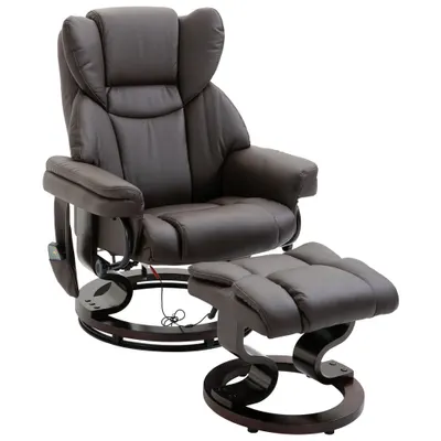 HOMCOM fotoliu relax cu taburet, fotoliu TV rotativ 360° cu masaj, funcție șezlong, fotoliu cu masaj și buzunar lateral, fotoliu recliner, piele ecologică pentru living maro | Aosom Romania