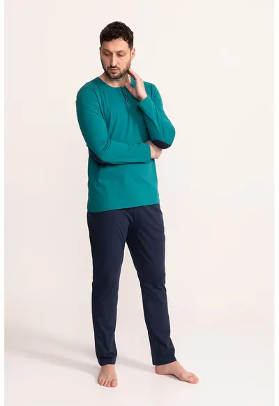 Pijama din bumbac cu decolteu henley - Albastru petrol/Bleumarin