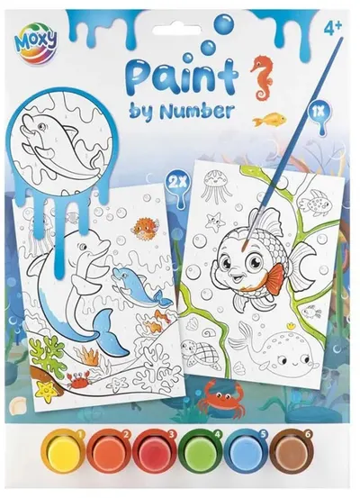 Set creativ pentru pictură după numere Moxy - Lumea subacvatică + 6 vopsele și pensulă