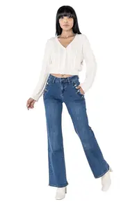 Blugi dama evazati albastru inchis P195-1 M10 16973 - Albastru inchis
