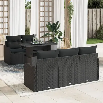 Set canapea gradina Gossi 6 piese cu perne negru ratan poliester, canapea gradina Gossi 2 locuri cu spatiu de depozitare si perne negru ratan poliester