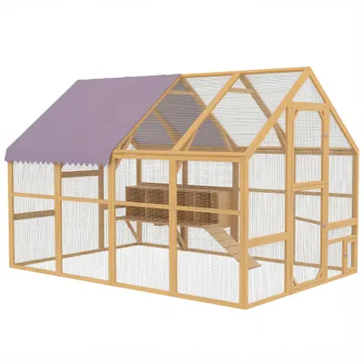 PawHut Coteț din lemn cu curte, încuietoare de siguranță, ușă, 4 cuiburi, pentru 8-12 găini, cca. 2,8 x 1,8 x 1,9 m, Galben | Aosom Romania