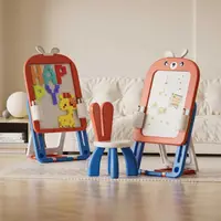Tablă pentru copii 2 în 1 Feelkids - Cu constructor și scaun, 60 piese, iepuraș roșu