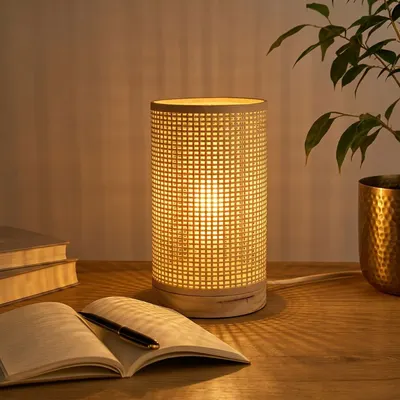 Lampă de birou Home & Styling, din bambus, formă tubulară, bază din lemn de pin, 13x23 cm