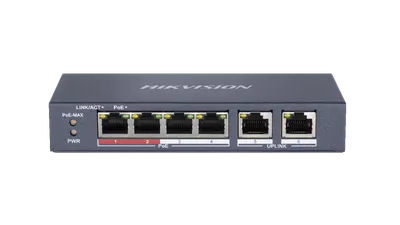 Switch Hikvision DS-3E0106P-E-M, Switching capacity 1.6 Gbps, 4 x 10/100Mbps PoE ports, and and 2 × 10/100Mbps RJ45 ports, MAC a