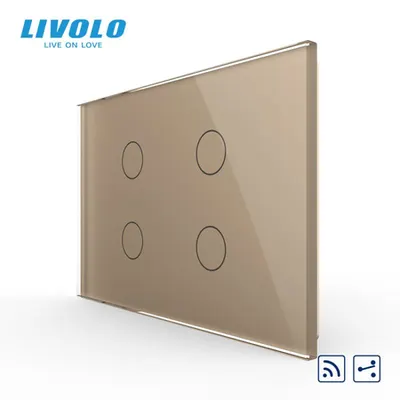 Intrerupator cvadruplu, standard italian, cap scara / cap cruce, control telecomanda RF, cu panou sticla, 3M Auriu