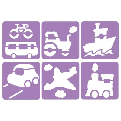 Set de 6 șabloane cu mijloace de transport, 14 x 14 cm