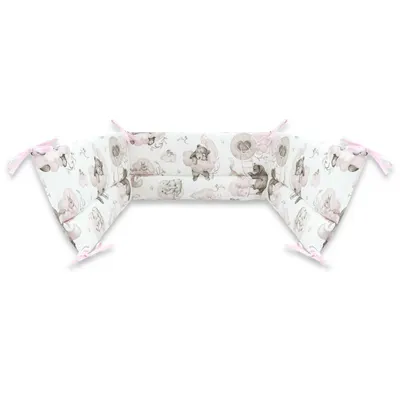 Aparatoare pentru patut, Qmini, Din bumbac certificat Oeko Tex Standard 100, 210x30 cm, Cu panglici, Teddy Bear and Friends Pink