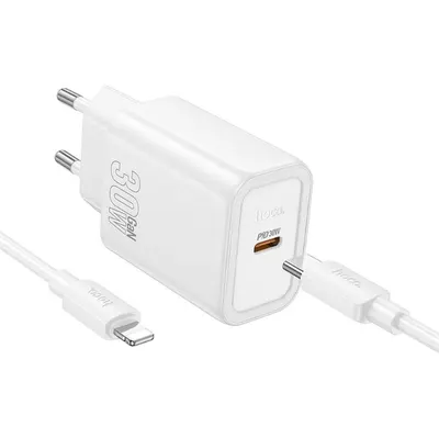 Set Adaptor HOCO N62 si Cablu Lightning, pentru iPhone, Incarcare rapida 30W, Alb Engros
