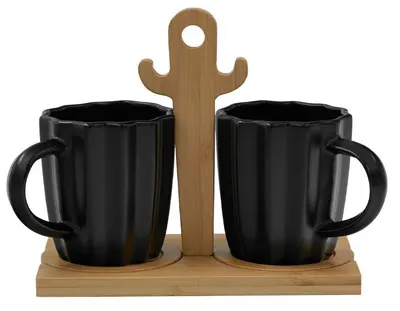 Set de cești de espresso Maison - Cactus, cu bază de bambus, 2 buc., 360 ml, negre