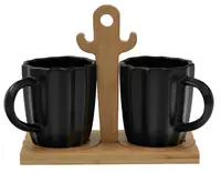 Set de cești de espresso Maison - Cactus, cu bază de bambus, 2 buc., 360 ml, negre