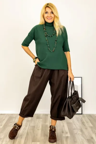 Pulover versatil cu maneci scurte ribbed si guler inalt, din vascoza, verde inchis