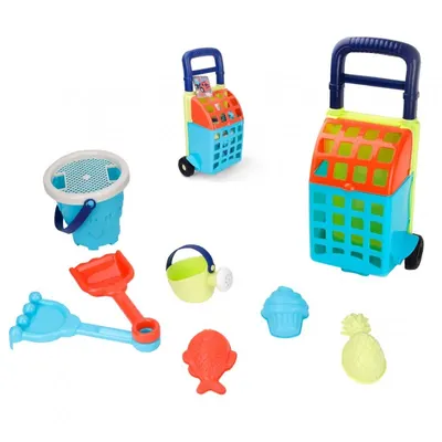 Set 9 piese pentru copii, joaca cu nisip cu Carucior,galetusa,stropitoare,lopatica,grebla si 3 forme Woopie