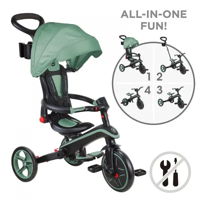 Tricicleta pentru copii Globber Explorer Verde Pal 4 in 1 pliabila, maner pentru controlul directiei, scaun ajustabil pe inaltime, suport pentru picioare, roti din cauciuc Eva, sistem roata libera, de la 10 luni