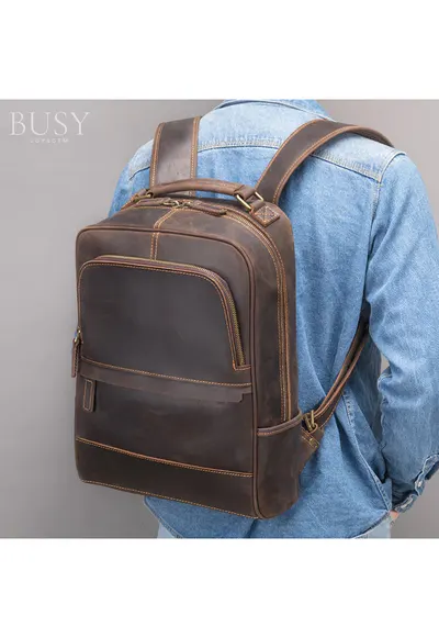 Rucsac barbati din piele naturala pentru laptop 15 - 6' - Rayan - piele premium crazy horse - sistem prindere troler - compartiment tableta - dark coffee vintage