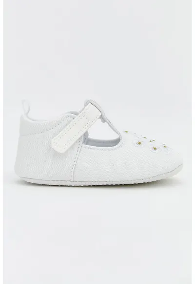 Pantofi crib din material textil cu broderii florale - Alb