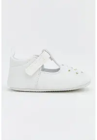 Pantofi crib din material textil cu broderii florale - Alb