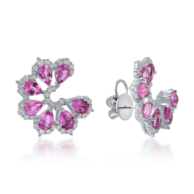 Cercei florali din aur alb cu safire roz pear de 2.61ct si diamante de 0.57ct