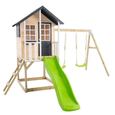 Casuta de gradina TP TOYS, Bluebell Cottage, cu cutie nisip, tobogan si leagan dublu, lemn, negru/maro/alb