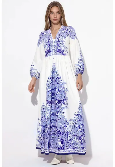 Rochie Maxi - A-line - multicolor - poliester-lycra - imprimeu paisley - maneca lunga - decolteu in V - cu cordon