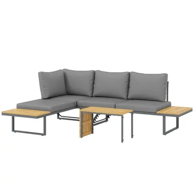 Outsunny Set mobilier exterior, extensibil la 6 locuri, colțar outdoor în formă de L cu mese, cadru din oțel, spătare reglabile, gri | Aosom Romania