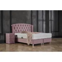 Pat tapitat 160x200 cm, cu saltea, somiera rabatabila si spatiu depozitare, ROSE, stofa roz
