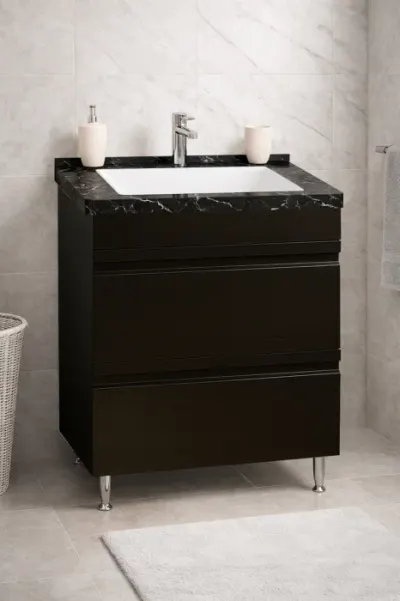 Set Baza front MDF si Lavoar seria 886, cu sertare, montat, 60 cm, negru
