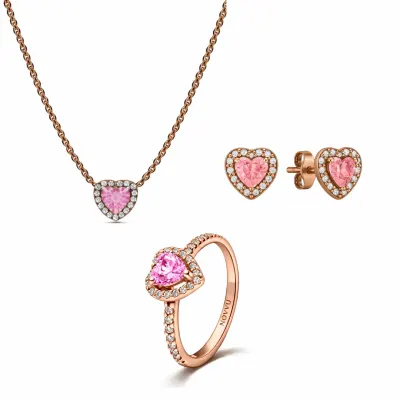 Set bijuterii Inel,Cercei si Colier Pink Heart Cu Argint
