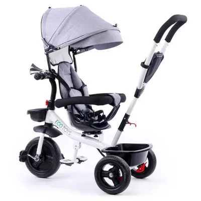 Tricicleta pentru copii Ecotoys Gri pentru copiii intre 6 luni, cu sezut reversibil, roti din spuma eva,spatar cu husa moale si centura de siguranta in 5 puncte