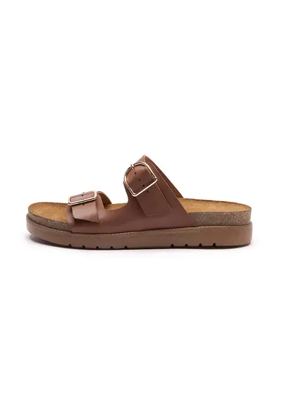 Papuci din piele cu catarame Grace - Maro cognac