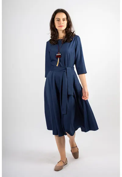 Rochie midi evazata Rania - Bleumarin