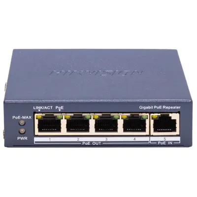 Switch-repetor cu 4 porturi PoE Gigabit Hikvision DS-3E0505P-E/R, 10 Gbps, 7.44 Mpps, 60 W, Layer 2, cu management