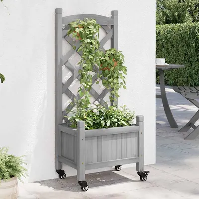 vidaXL Jardinieră cu spalier și roți, gri, lemn masiv de brad