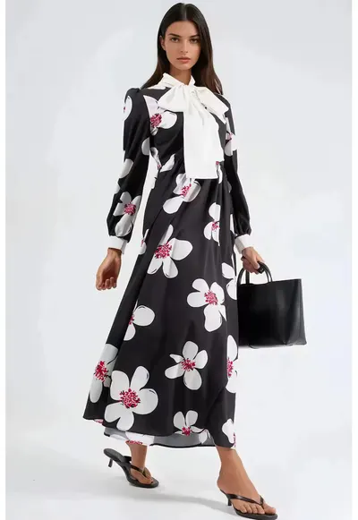 Rochie maxi - maneci lungi - negru - poliester cu lycra