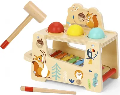 Jucarie din lemn Tooky Toy - Xilofon cu bile si ciocan,Lumea padurilor