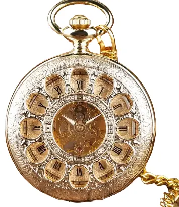 Ceas de buzunar, Gorben, Clasic, Vintage, Skeleton, Mecanic, Lant, Auriu