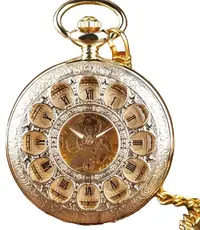 Ceas de buzunar, Gorben, Clasic, Vintage, Skeleton, Mecanic, Lant, Auriu