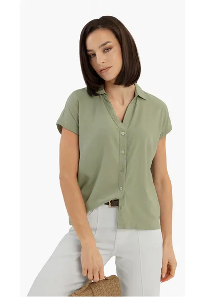 Camasa dama cu maneci scurte din in si viscoza - decolteu in V cu guler - Regular Fit - C-Guare - verde - Verde
